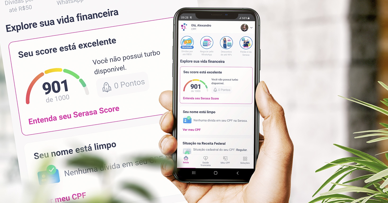 como aumentar limite do cartão de crédito sem pedir — tela do Serasa mostrando score excelente de 901 pontos